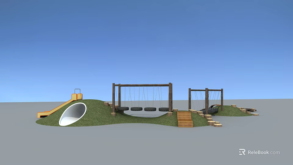 Outdoor Playground Equipment With Swings Slide Tunnel And Grass Hill Design 3d model 