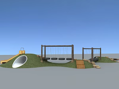 Outdoor Playground Equipment With Swings Slide Tunnel And Grass Hill Design 3d model