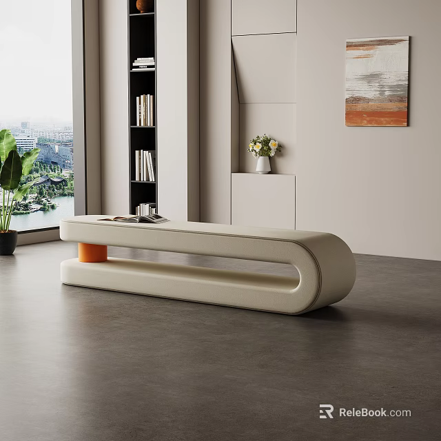 Cream Upholstered Curved Sofa Bench In Modern Living Room With City View 3d model 