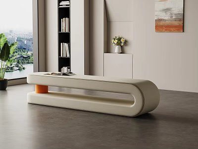 Cream Upholstered Curved Sofa Bench In Modern Living Room With City View 3d model