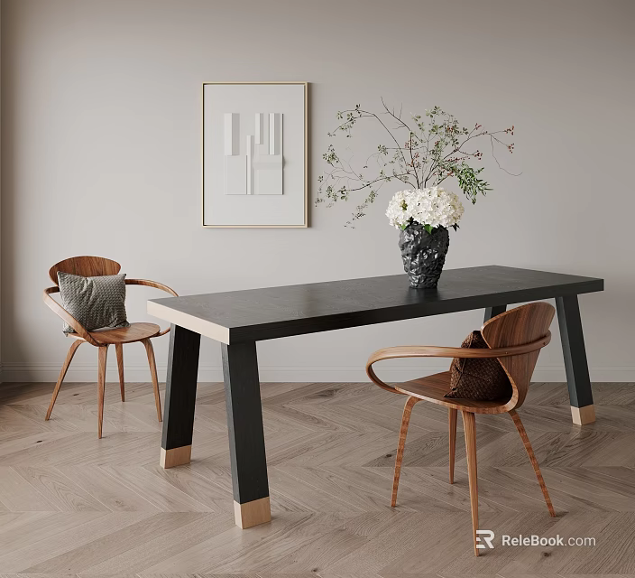 Modern Dining Table Set Featuring Wooden Chairs Black Vase Gray Cushion Gold Base and Framed Art 3d model 