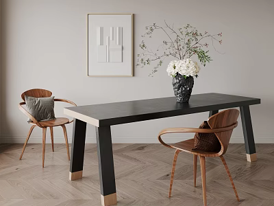 Modern Dining Table Set Featuring Wooden Chairs Black Vase Gray Cushion Gold Base and Framed Art 3d model