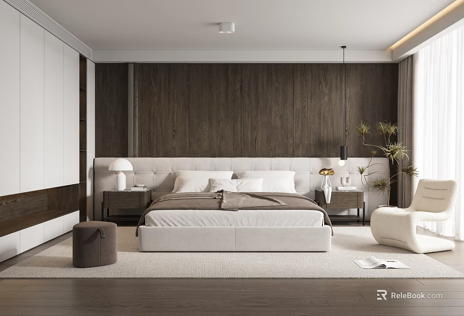 Contemporary Bedroom Interior With Dark Wooden Wall Light Headboard Nightstands Rug And Accent Chair 3d model 