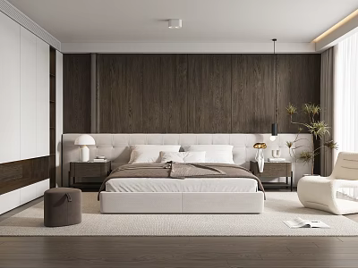 Contemporary Bedroom Interior With Dark Wooden Wall Light Headboard Nightstands Rug And Accent Chair 3d model