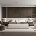 Contemporary Bedroom Interior With Dark Wooden Wall Light Headboard Nightstands Rug And Accent Chair