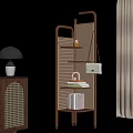 Wooden Display Shelf With Rattan Cabinet And Black Table Lamp In Modern Interior