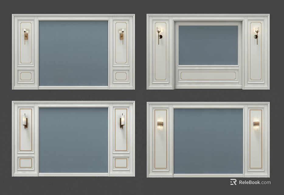 White Framed Wall Design With Blue Panels And Symmetrical Decorative Elements 3d model