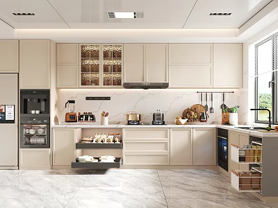 Modern Kitchen With Light Colored Cabinets Marble Countertop Glass Door Cabinets And Appliances 3d model
