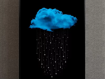 Modern Blue Cloud Decorative Artwork With Hanging Stars On Black Background 3d model