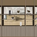 Elegant Modern Decorative Cabinet With Wooden Shelves Displaying Ornaments Books And Sculptures