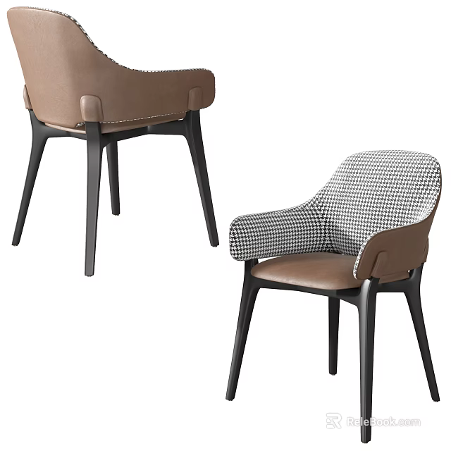 Two Modern Dining Chairs With Brown Leather And Houndstooth Pattern Black Legs 3d model