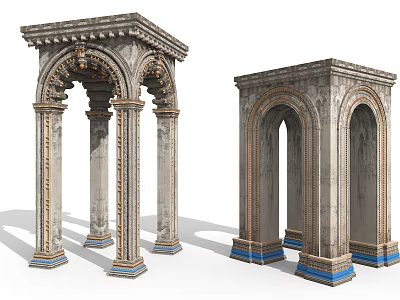 Ornate Classical Architectural Archway And Column Designs With Intricate Carvings And Blue Bases 3d model