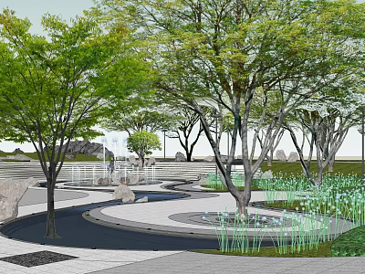 Scenic Landscape Design Featuring Lush Trees Curved Pathway Stones Green Grass And White Flowers 3d model