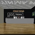 Modern Reception Desk Featuring White Counter Black Backdrop Logo And Pendant Lighting 3d model