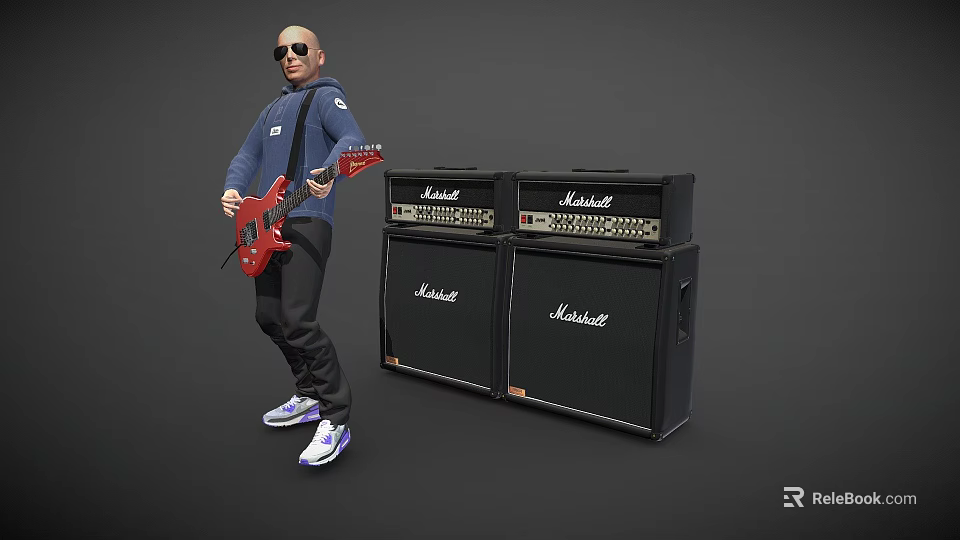Man In Blue Hoodie Playing Red Electric Guitar With Marshall Amplifiers Nearby 3d model 