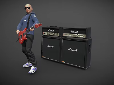 Man In Blue Hoodie Playing Red Electric Guitar With Marshall Amplifiers Nearby 3d model