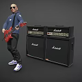 Man In Blue Hoodie Playing Red Electric Guitar With Marshall Amplifiers Nearby