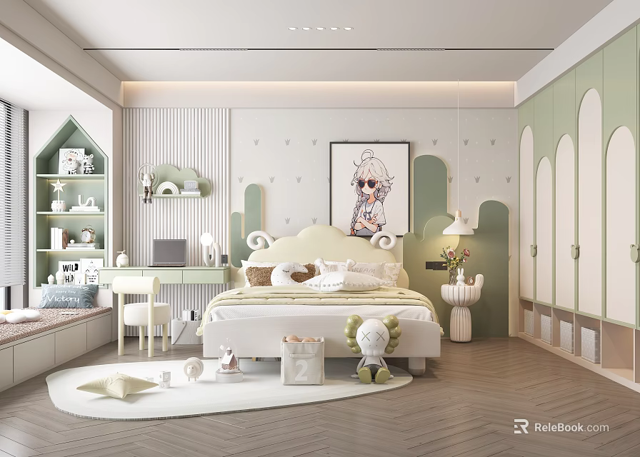 Kids Room Interior With Green White Cabinets Bed Desk Bookshelf Rug And Decorative Painting 3d model 