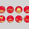 Red Circular Wall Decor With Gold Chinese Architectural Moon Lantern Dragon Patterns