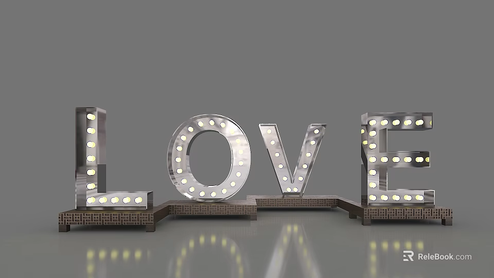 3D LOVE Letters With Light Bulbs And Metallic Finish On Reflective Base 3d model 