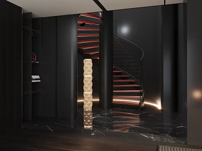 Modern Interior Design Showcasing Spiral Staircase With Red Steps Black Walls And Marble Floor 3d model