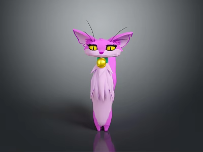 Cute Purple Cartoon Cat With Yellow Eyes And Green Gem Collar Standing On Dark Background 3d model