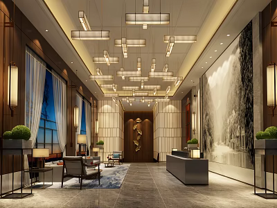 Luxurious Hotel Lobby Interior With Chandeliers Large Artwork And Front Desk 3d model