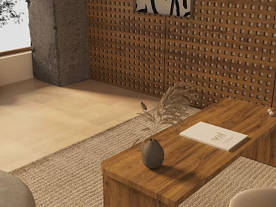 Study Room With Perforated Wooden Wall Wooden Coffee Table Woven Rug Notebook And Natural Light 3d model