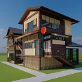 Japanese Style Two Story Guesthouse Building With Wooden Structure Glass Windows Lawn And Stone Path