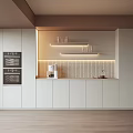 Modern Kitchen Sideboard With White Cabinets Floating Shelves And Soft Lighting 3d model
