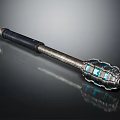 Ornate Metallic Staff Featuring Blue Gemstones And Leather Wrapped Handle
