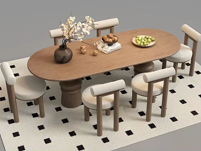 Wooden Dining Table and Chairs Set with Vase White Flowers Fruit Plate and Checkered Rug 3d model