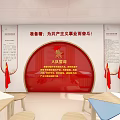 School Classroom With Red Flags Slogan Board Tables Stools And Bright Windows 3d model