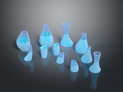 Multiple Blue And White Honeycomb Patterned Vase Sculptures On Dark Reflective Background 3d model