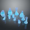 Multiple Blue And White Honeycomb Patterned Vase Sculptures On Dark Reflective Background