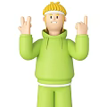Game And Movie Character With Blonde Hair White Headband Green Hoodie Making Peace Signs Smiling