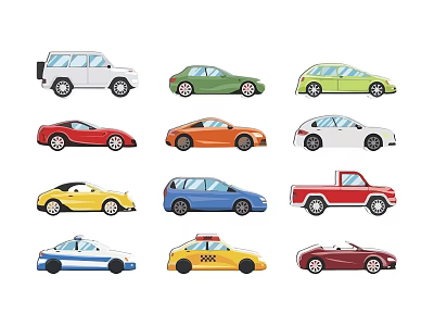 Various Types of Colorful Car Models Including SUV Sedan Sports Car Taxi and Convertible 3d model