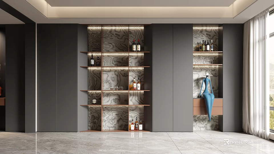 Modern Illuminated Wine Cabinet With Wooden Shelves Bottles Glassware And Textured Backdrop 3d model 