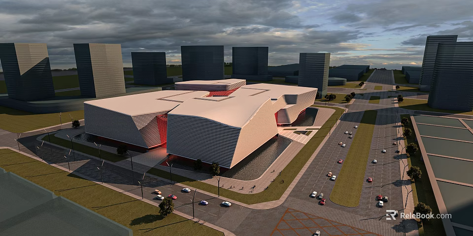 Aerial Planning of Modern Landmark Building With Surrounding High Rise Structures Roads and Vehicles 3d model 