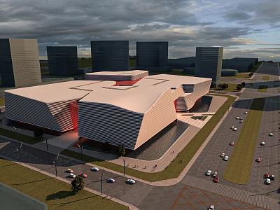 Aerial Planning of Modern Landmark Building With Surrounding High Rise Structures Roads and Vehicles 3d model