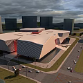 Aerial Planning of Modern Landmark Building With Surrounding High Rise Structures Roads and Vehicles