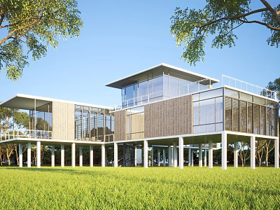 Modern Detached Villa With Large Glass Windows Wooden Elements Green Lawn And Surrounding Trees 3d model