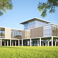 Modern Detached Villa With Large Glass Windows Wooden Elements Green Lawn And Surrounding Trees