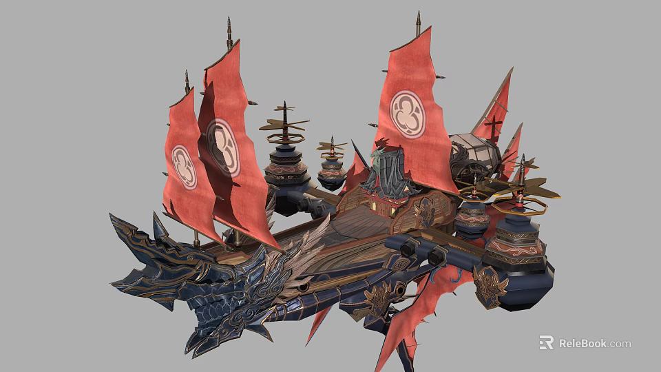 Fantasy Ship Design With Red Sails And Intricate Decorative Structures 3d model