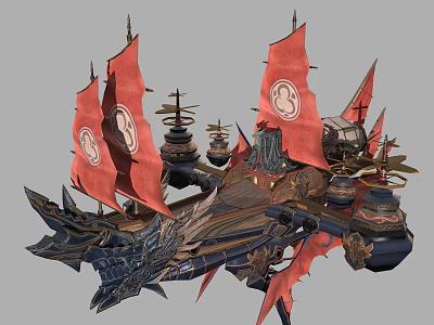 Fantasy Ship Design With Red Sails And Intricate Decorative Structures 3d model