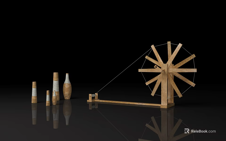 Outdoor Garden Ornaments Featuring Wooden Windmill And Various Height Decorative Bottles 3d model 