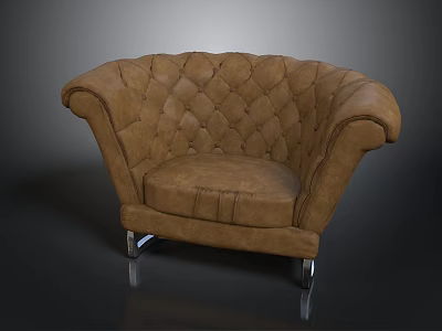Brown Leather Tufted Armchair With Wide Arms And Metal Casters 3d model