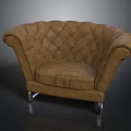 Brown Leather Tufted Armchair With Wide Arms And Metal Casters