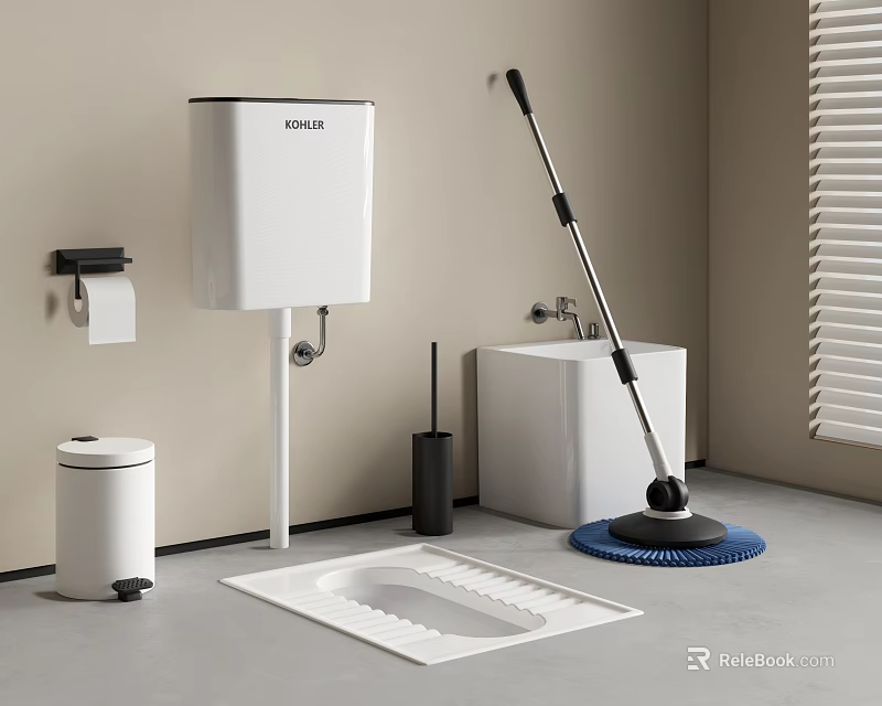 Modern Toilet with Water Tank Toilet Brush Trash Bin Mop and Blinds in Bathroom 3d model 
