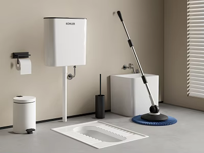 Modern Toilet with Water Tank Toilet Brush Trash Bin Mop and Blinds in Bathroom 3d model